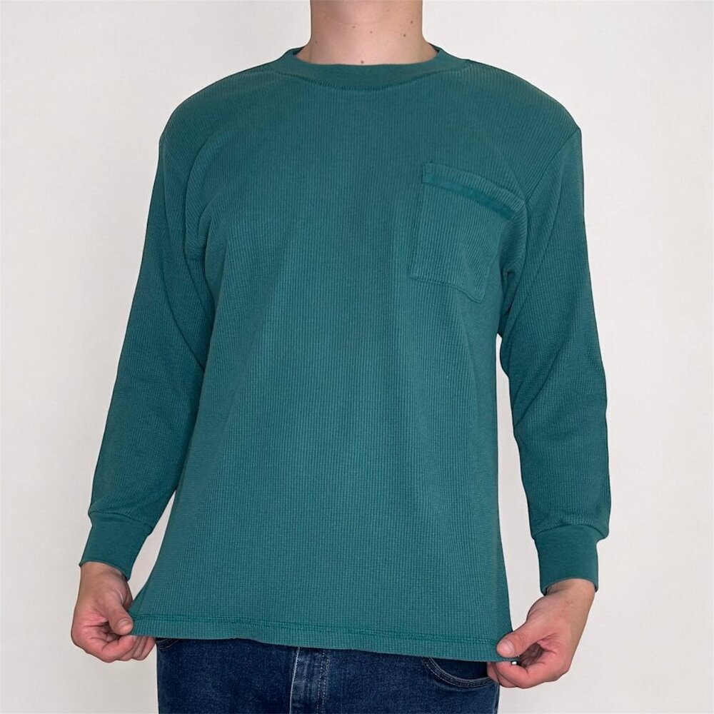 Y2K Hampton House Thermal Waffle Long Sleeve Teal Pocket Shirt L
